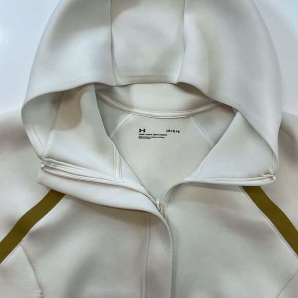 Under Armour Cream Crop Scuba Neck Hoodie Gold Stripe Accents Women’s Sz L - Picture 2 of 7